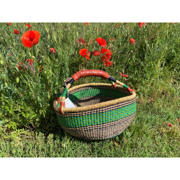 Wicker shopping basket made of natural materials, round - blue-green-turquise