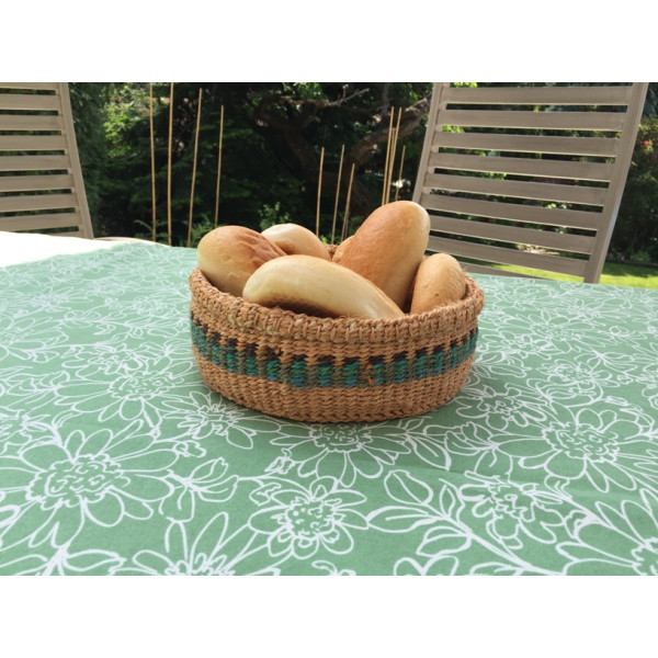 Wicker bread basket made of natural material, round, blue-turquoise  pattern