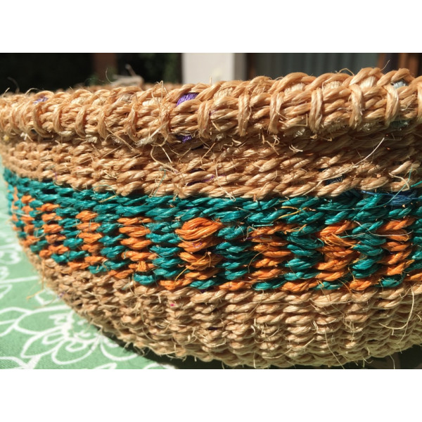 Wicker bread basket made of natural material, round, turquoise-orange  pattern