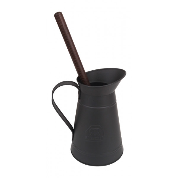 Black metal jug with toilet brush